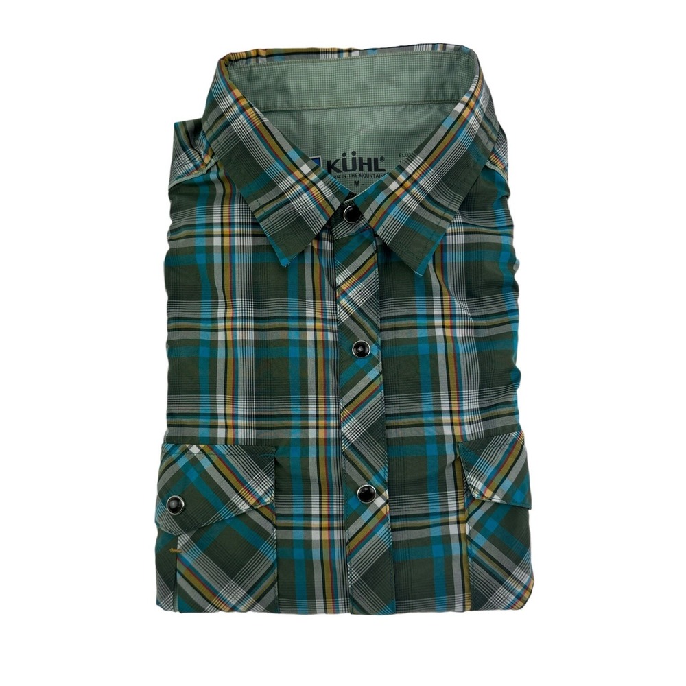 Kuhl‎ Green Blue & Yellow Plaid Short Sleeve Polyester Pearl Snap Size Medium